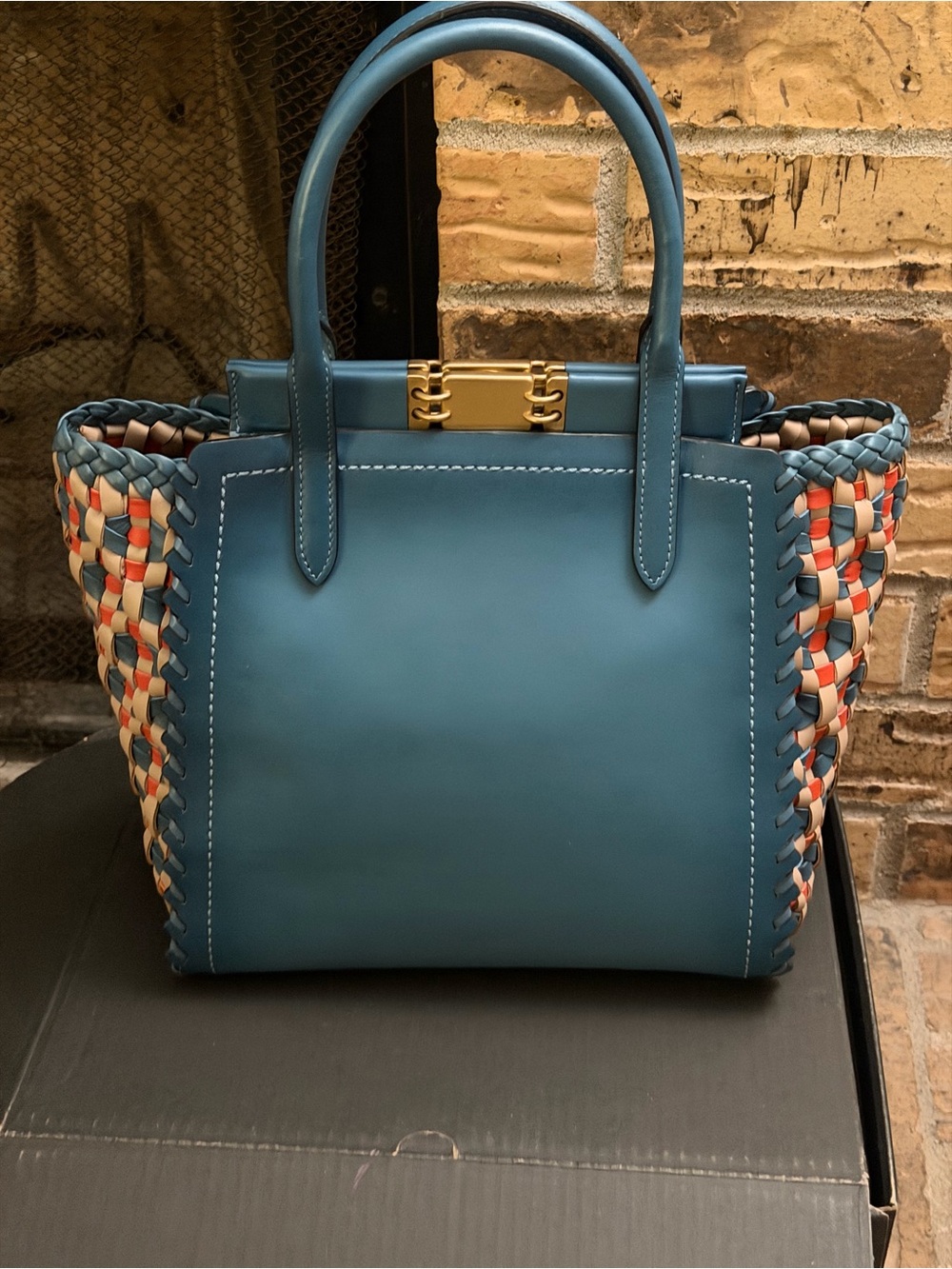 COACH 1941 Troupe Tote Weaved Leather Bag Blue Lake Multi like new - Picture 3 of 9